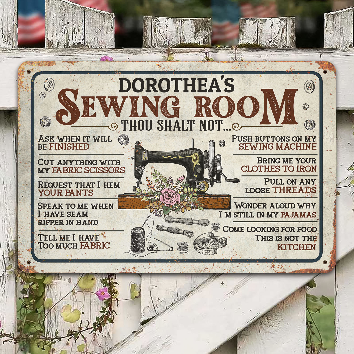 6VT. Sewing Room Thou Shalt Not (Sample Design) Metal Sign Mockup 8
