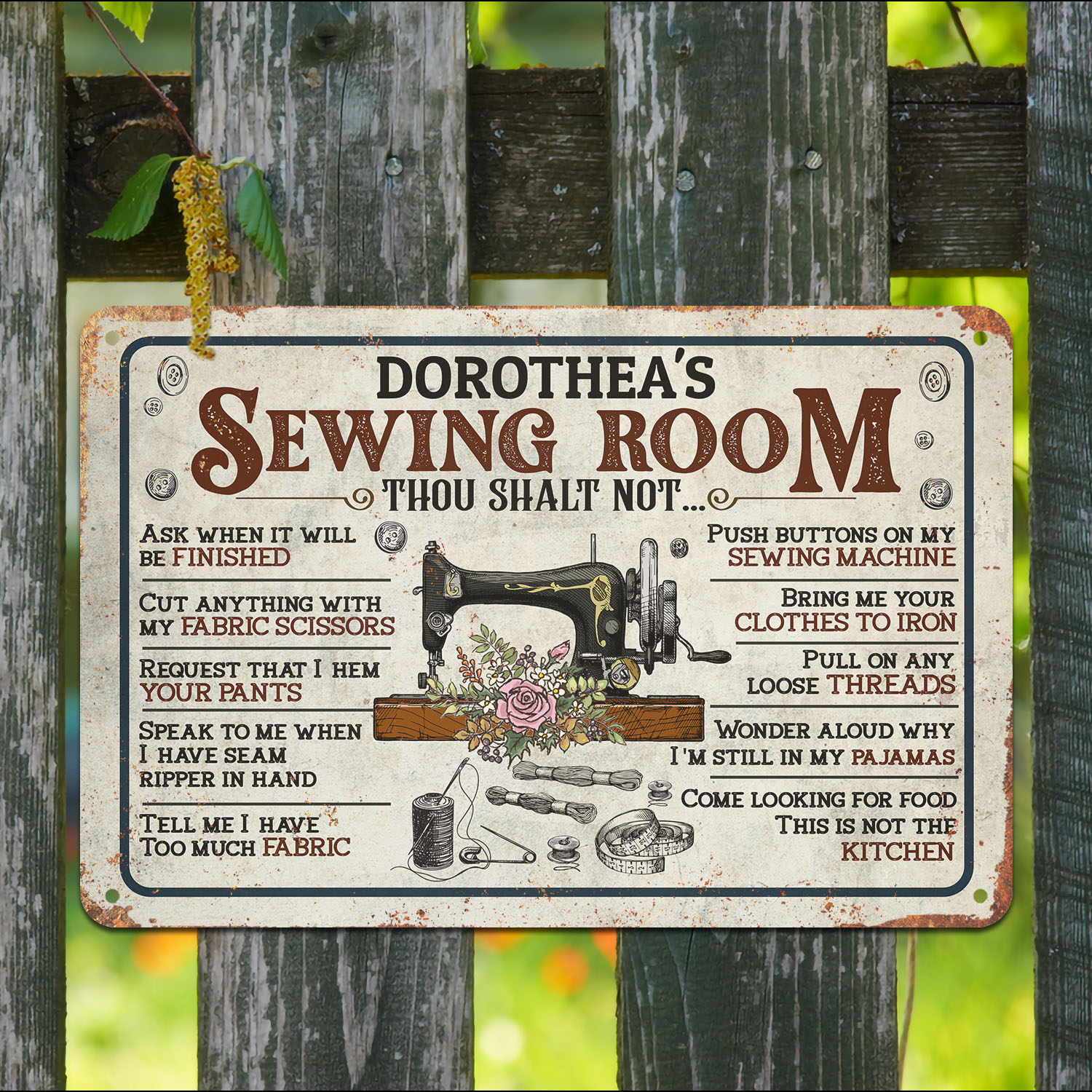 6VT. Sewing Room Thou Shalt Not (Sample Design) Metal Sign Mockup 9