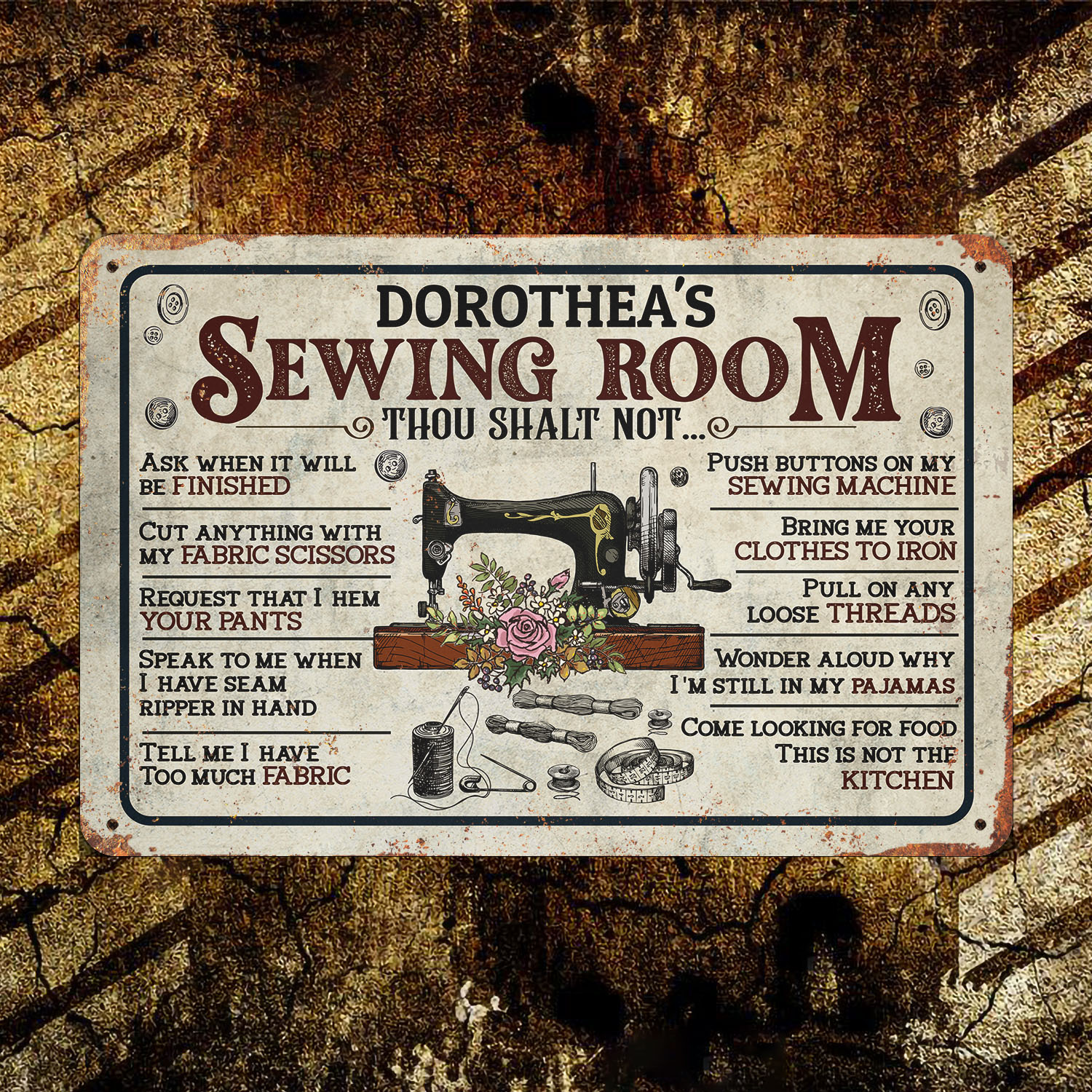 6VT. Sewing Room Thou Shalt Not (Sample Design) Metal Sign Mockup 10