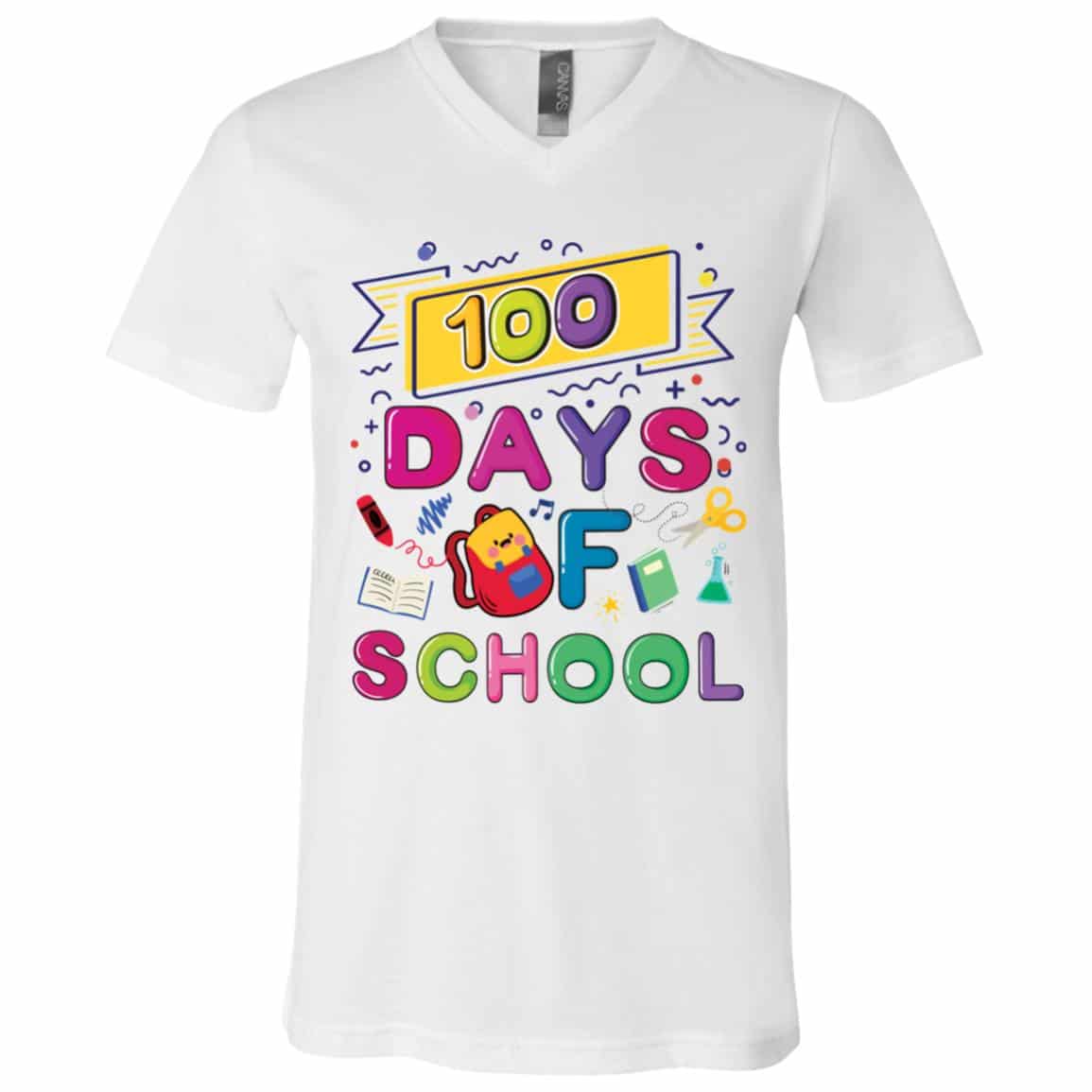 1Th. 100 days of school, White, V-Neck T-Shirt