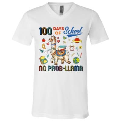 3Th. 100 Days Of School Llama, White, V-Neck T-Shirt