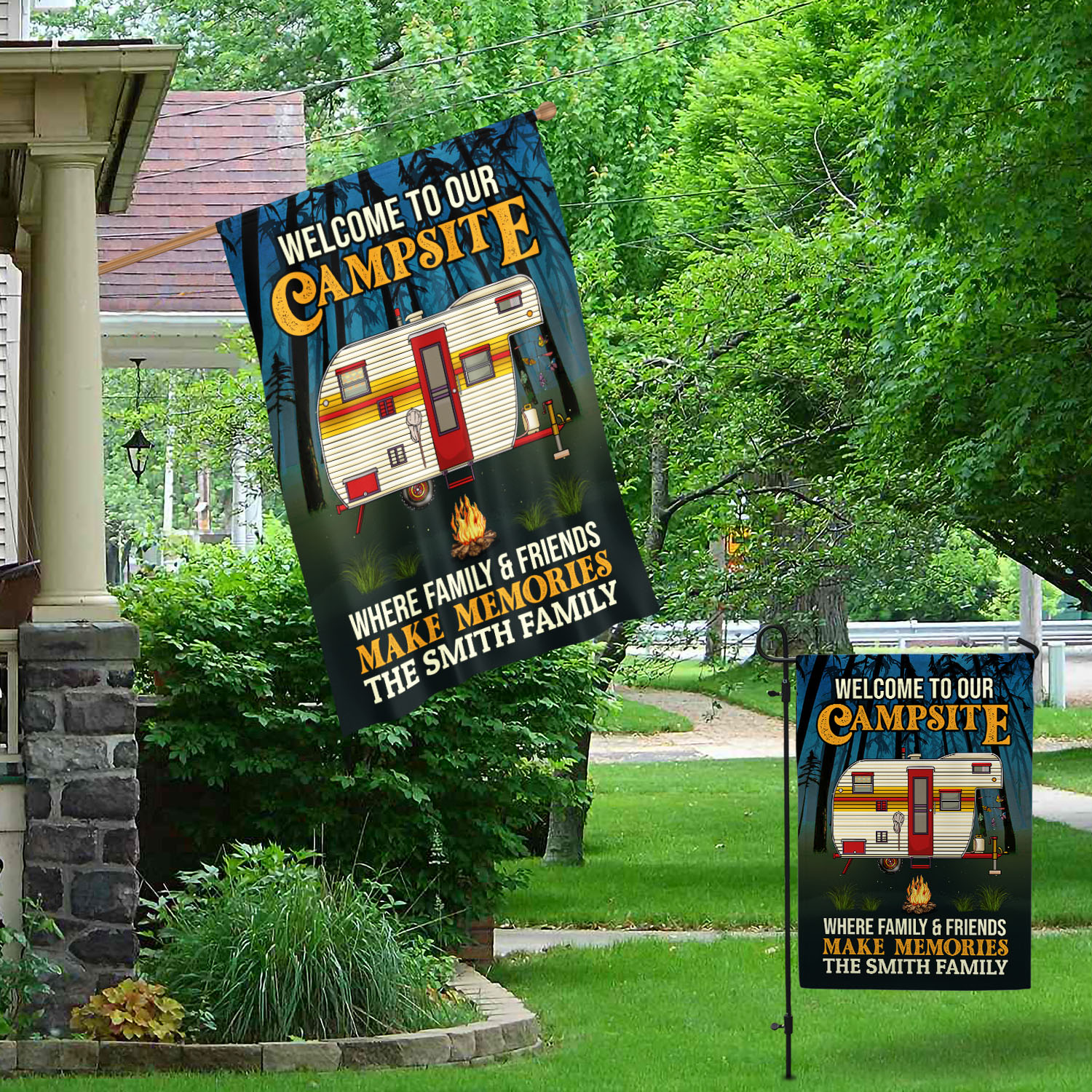 1VT. Welcome To Our Campsite RV Flag (Sample Design) Garden & House Mockup 1