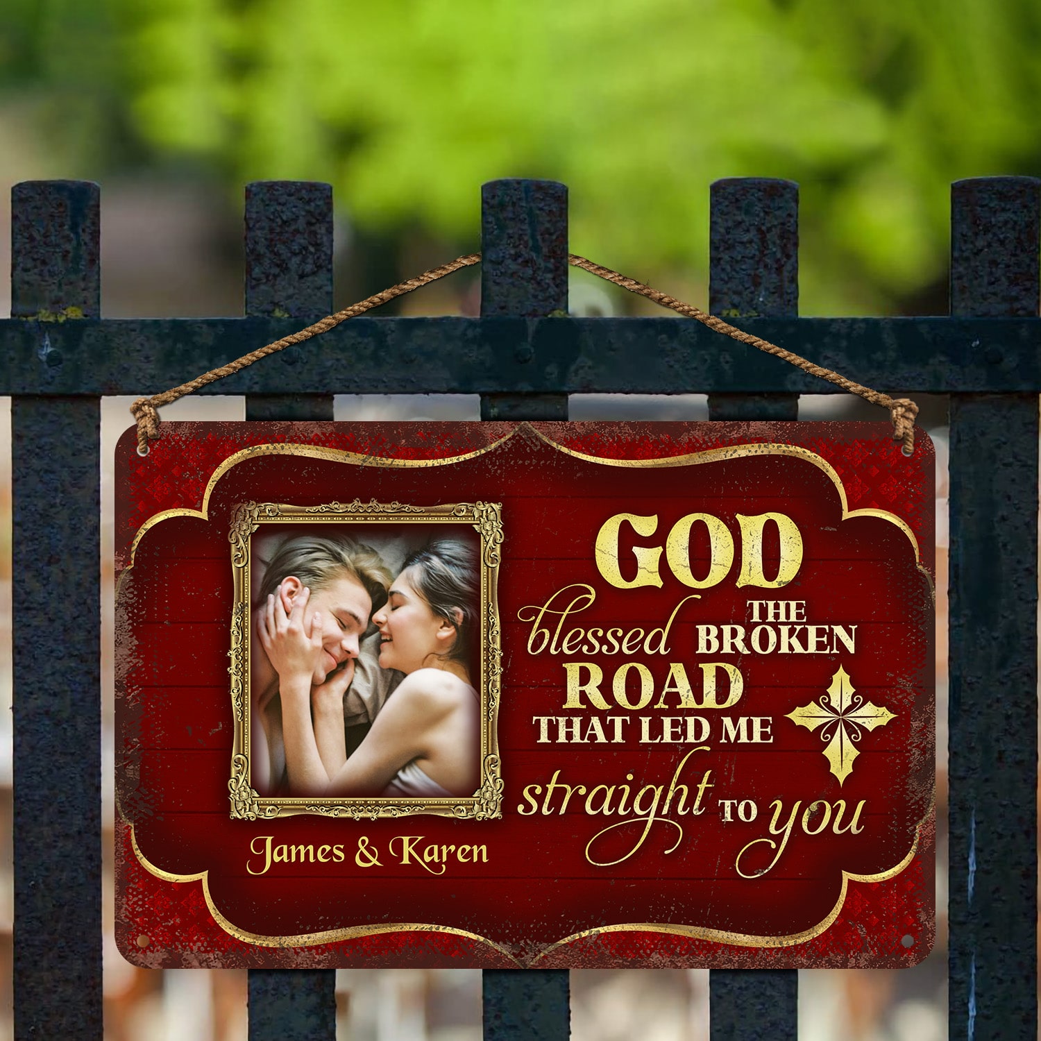 3Th. Godd Blessed The Broken Road - sample design Metal Sign Mockup 3