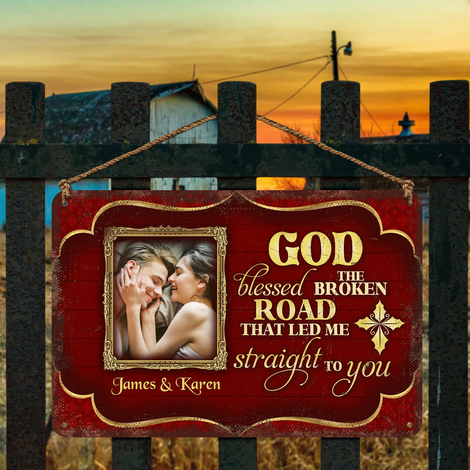 3Th. Godd Blessed The Broken Road - sample design Metal Sign Mockup 4