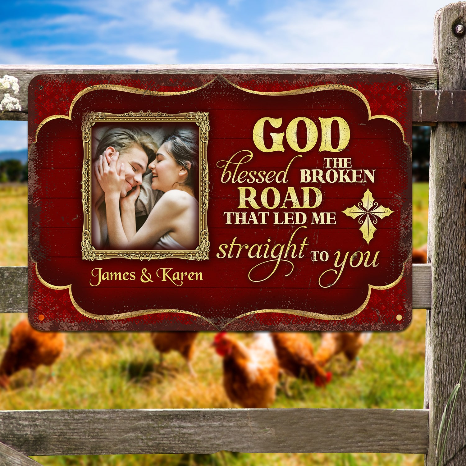 3Th. Godd Blessed The Broken Road - sample design Metal Sign Mockup 5