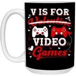 3Th. V Is Valentine Video Games, Black, 15 oz. White Mug