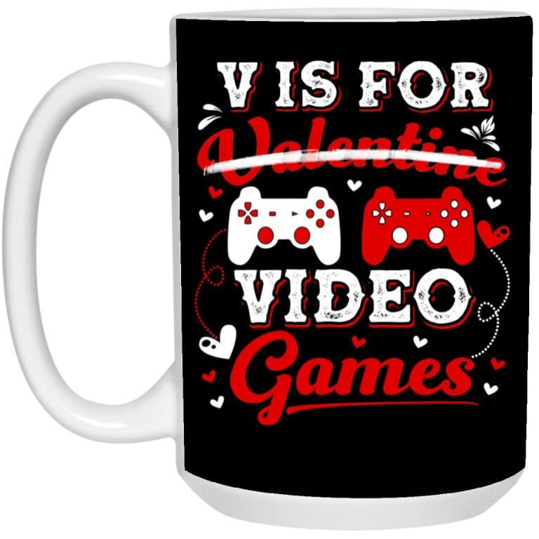 3Th. V Is Valentine Video Games, Black, 15 oz. White Mug