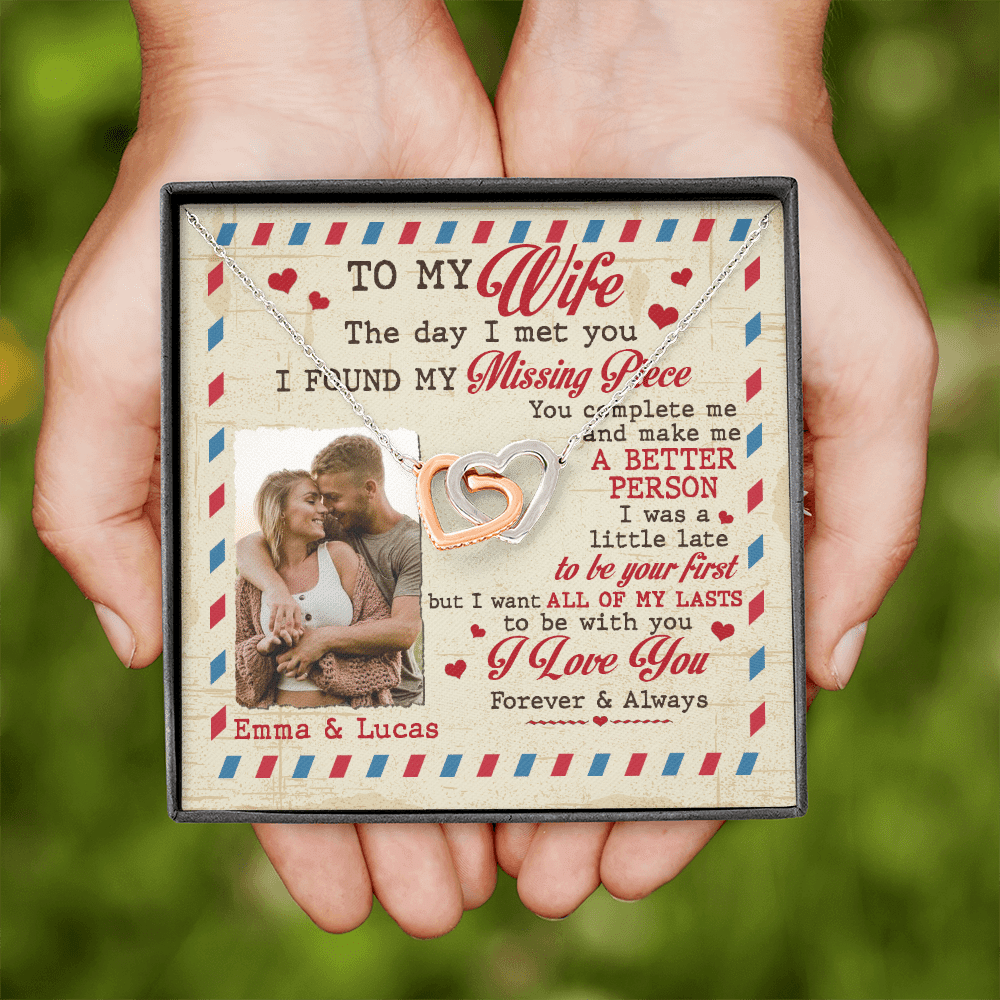 Custom Photo To My Wife The Day I Met You I Found My Missing Piece Personalized Interlocking Hearts Necklace
