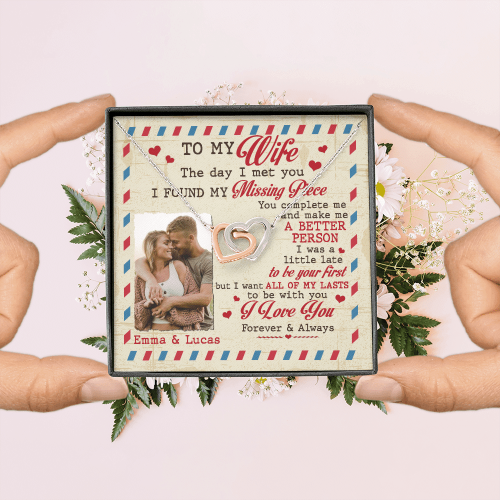 Custom Photo To My Wife The Day I Met You I Found My Missing Piece Personalized Interlocking Hearts Necklace