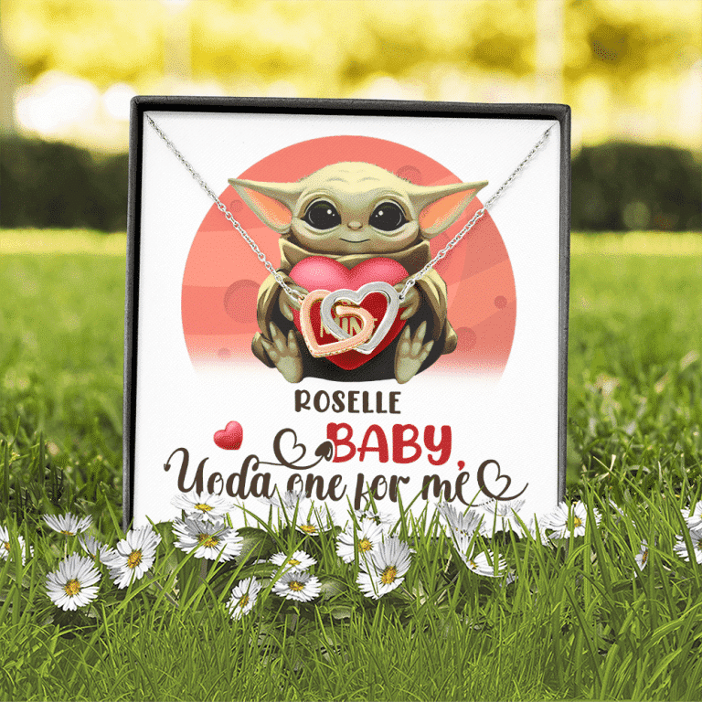 Personalized Baby Yoda One For Me Interlocking Hearts Pendant Necklace - Valentines Gifts For Girlfriend Wife