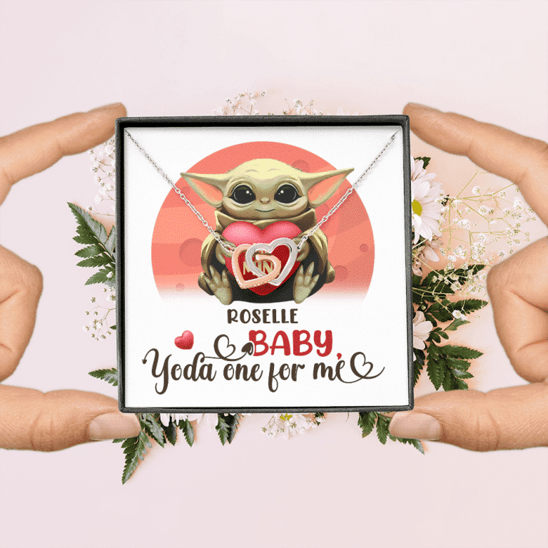 Personalized Baby Yoda One For Me Interlocking Hearts Pendant Necklace - Valentines Gifts For Girlfriend Wife