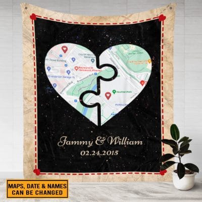 Personalized Half And Half Heart Map Art Fleece Blanket - Personalized Anniversary Mink Sherpa Blanket