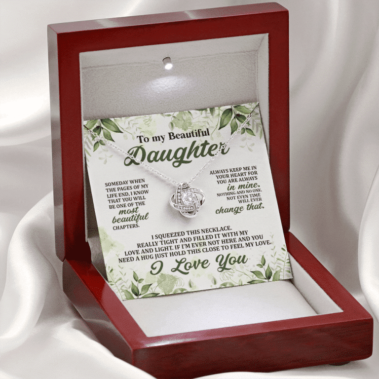 To My Beautiful Daughter Always Keep Me in Your Hearts Love Knot Pendant Necklace
