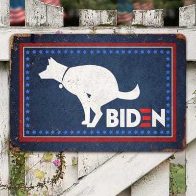 Dog Pooping On Biden Funny Decorative Metal Sign - Indoor Outdoor Decor