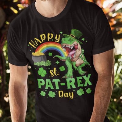 Alternative view of Happy St Pat-Rex Day Luckysaurus T Rex Shamrock T-Shirt - V-Neck Shirt