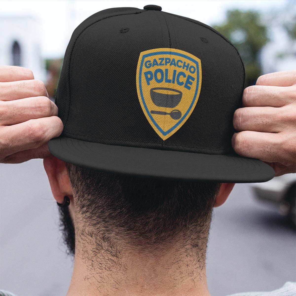 4O. Gazpacho Police-backwards-snapback-hat-mockup-of-a-trendy-guy-a11840