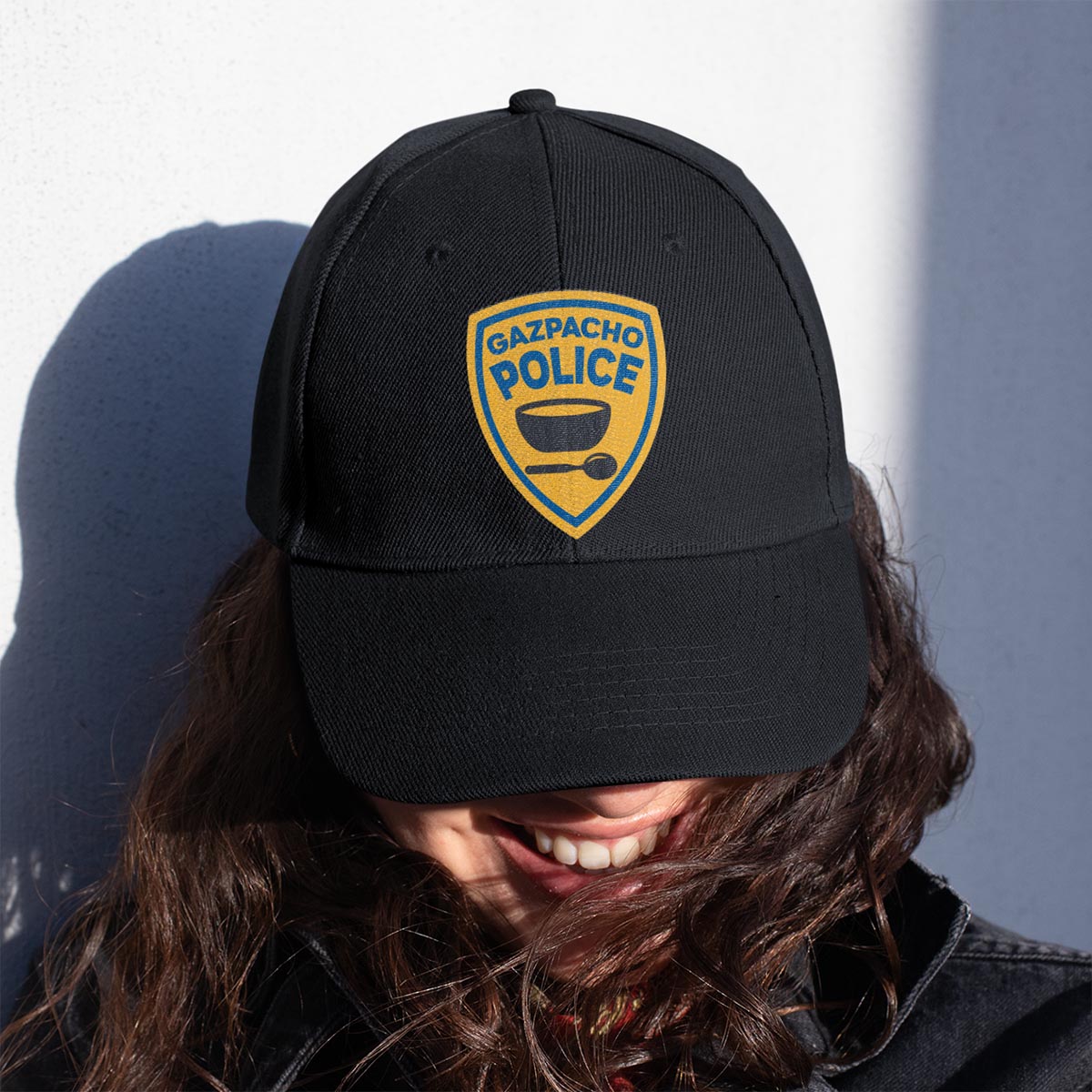 4O. Gazpacho Police-dad-hat-mockup-of-a-woman-with-a-patched-denim-jacket-27033