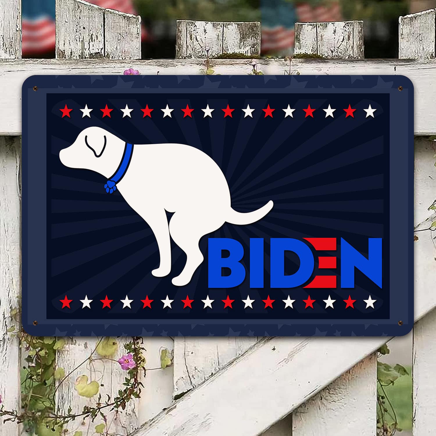 2 HG. Dog Pooping On Biden (1) Metal Sign Mockup 8