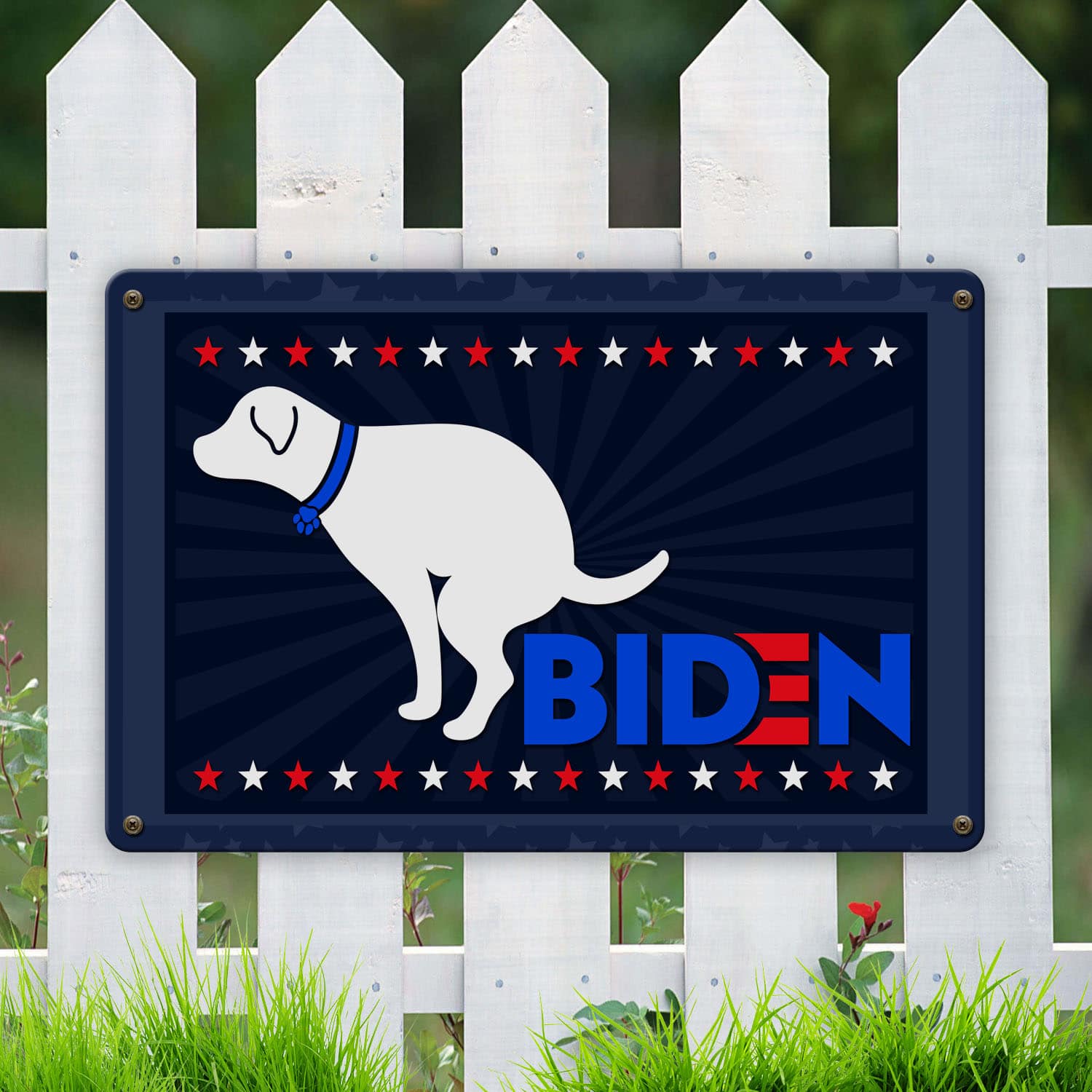 2 HG. Dog Pooping On Biden (1) Metal Sign Mockup 6