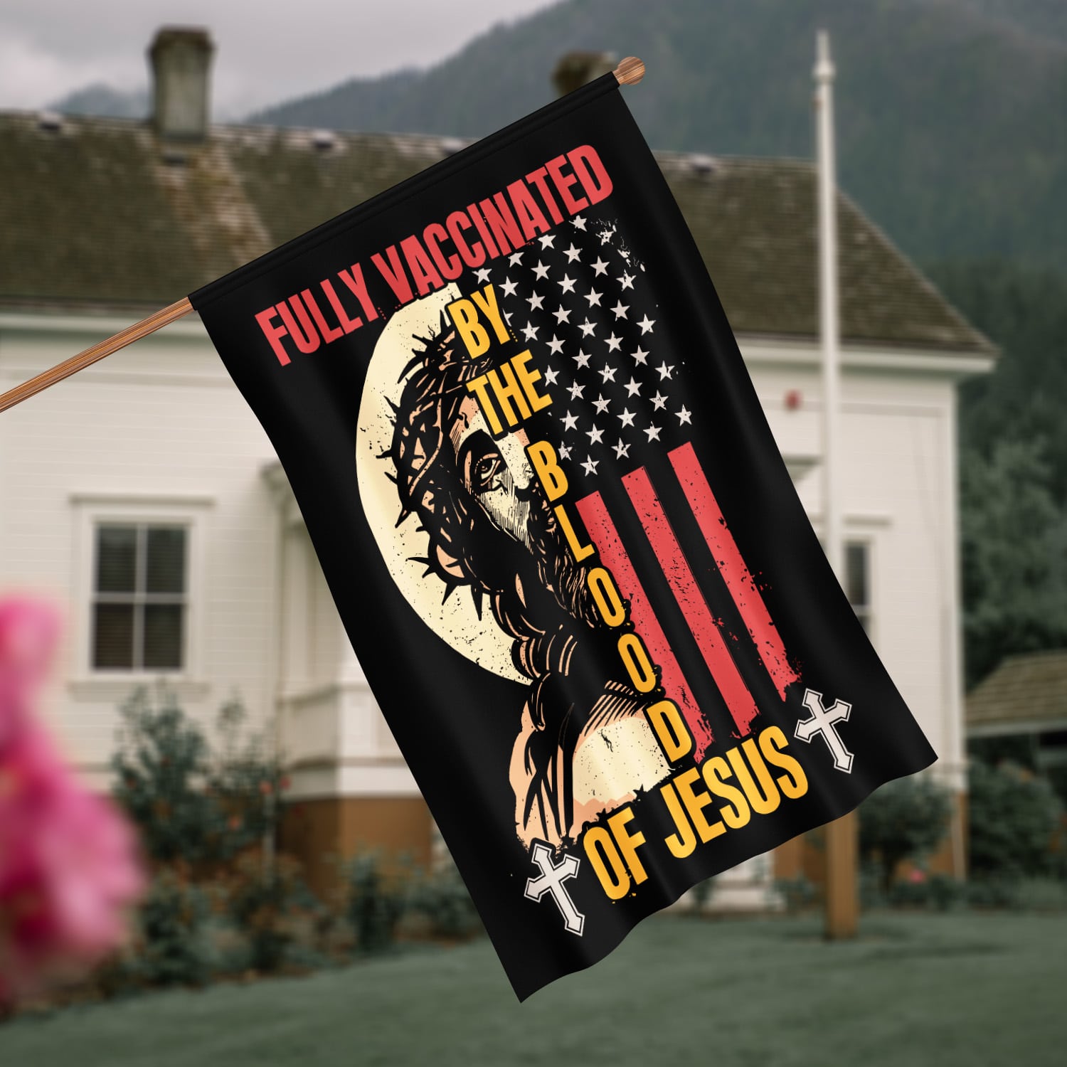 3O. Blood Of Jesus-30x40 House Flag Mockup 4