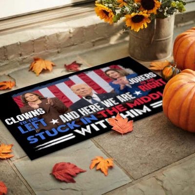 Alternative view of Clowns To The Left Jokers To The Right And Here We Are Stuck In The Middle With Him Entrance Indoor Outdoor Decorative Doormat