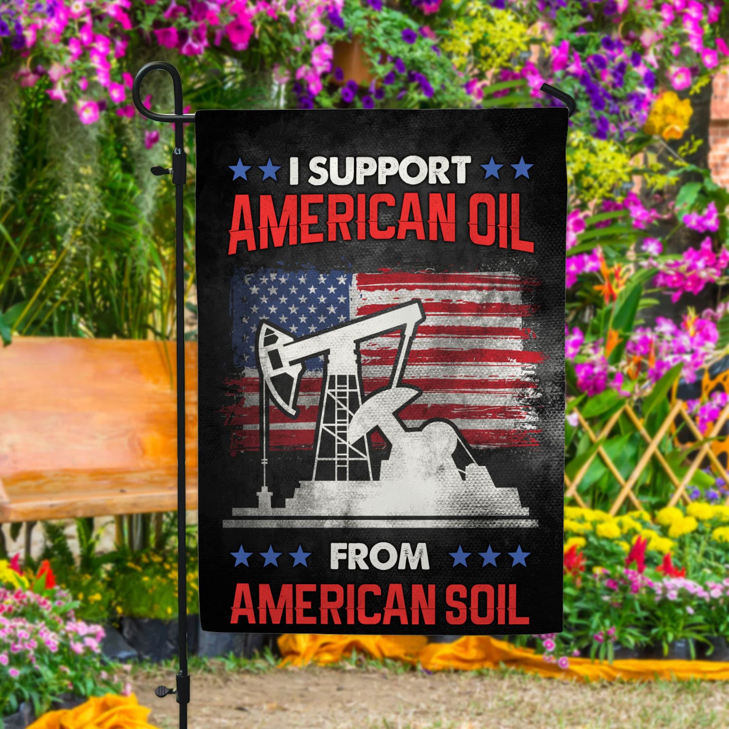 1VT. I Support American Oil flag Garden Flag Mockup 4