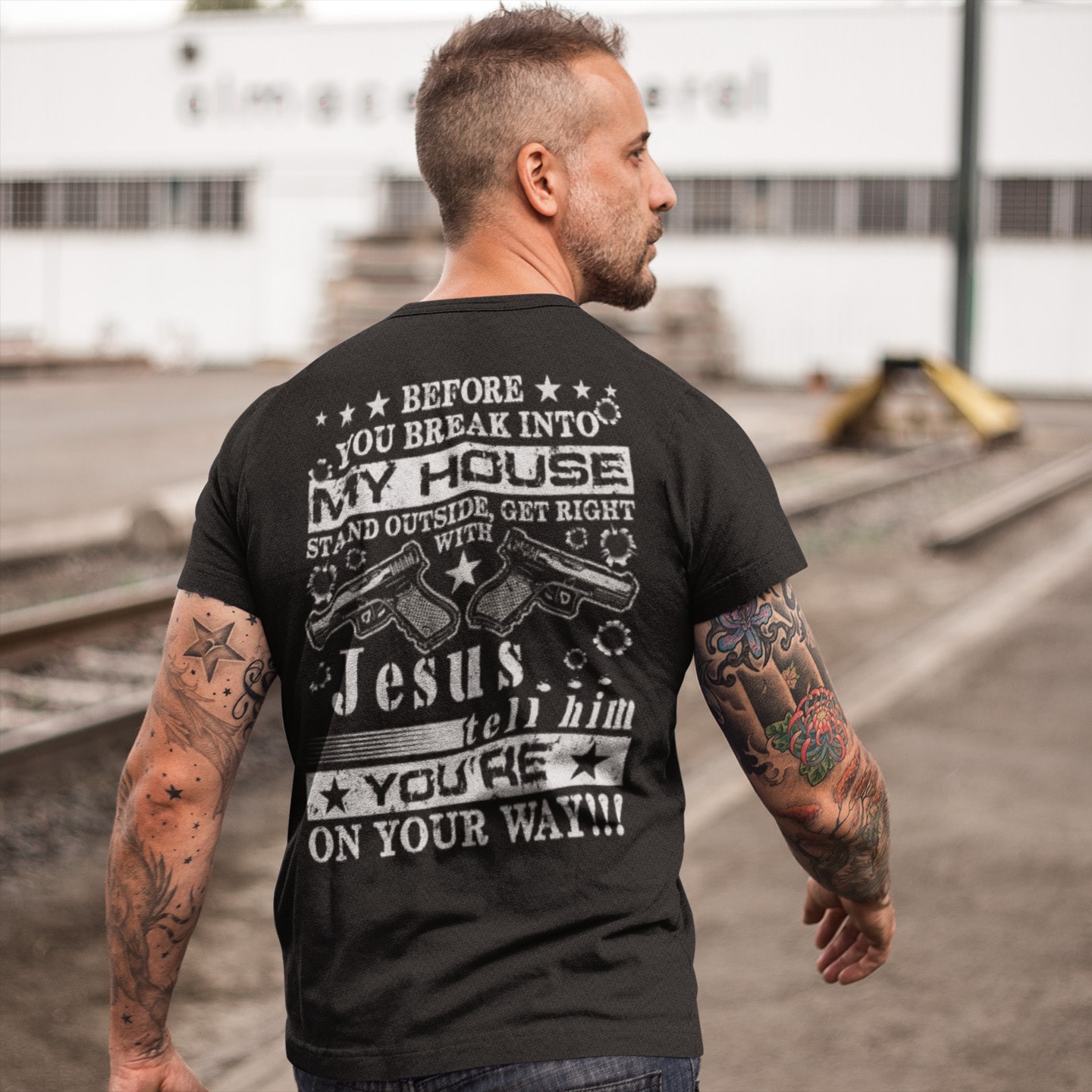 Alternative view of Before You Break Into My House Stand Outside And Get Right With Jesus Funny Print On Back T-Shirt
