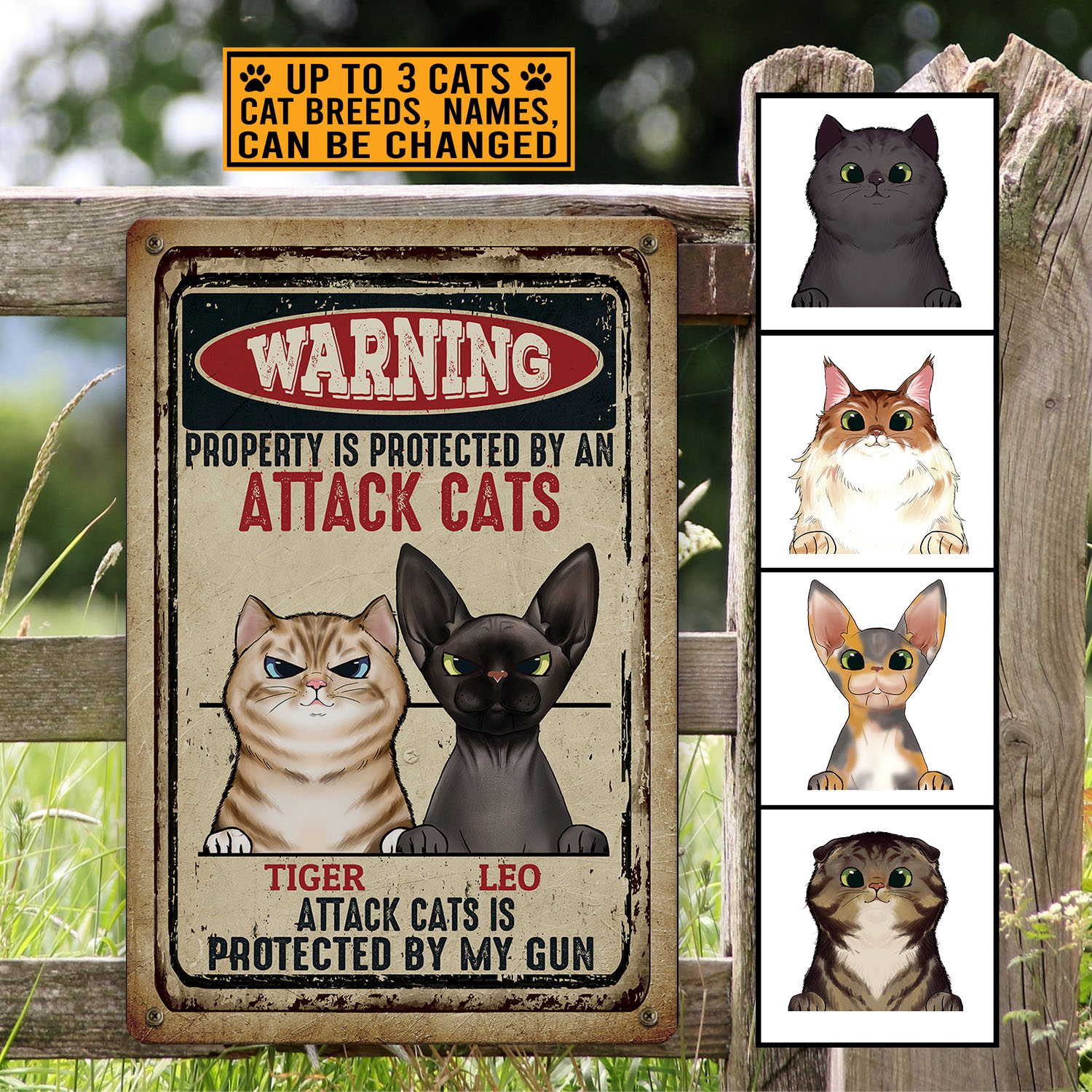 Custom Cat Breeds Sign Warning Property Is Protected by An Attack Cat Vintage Decorative Metal Sign - Indoor Outdoor Decor Farmhouse