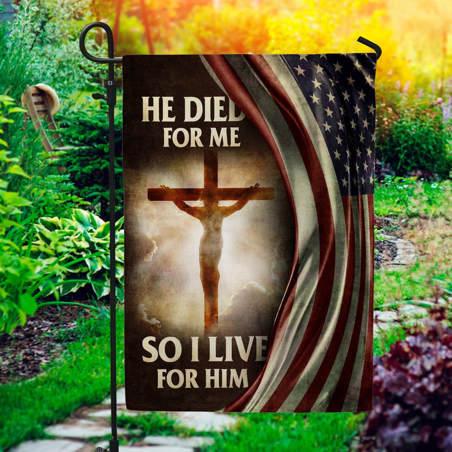 He Died for Me so I Live for Him American Cross Flag - Wall Flag -  Jesus Garden Flag - Garden Flag