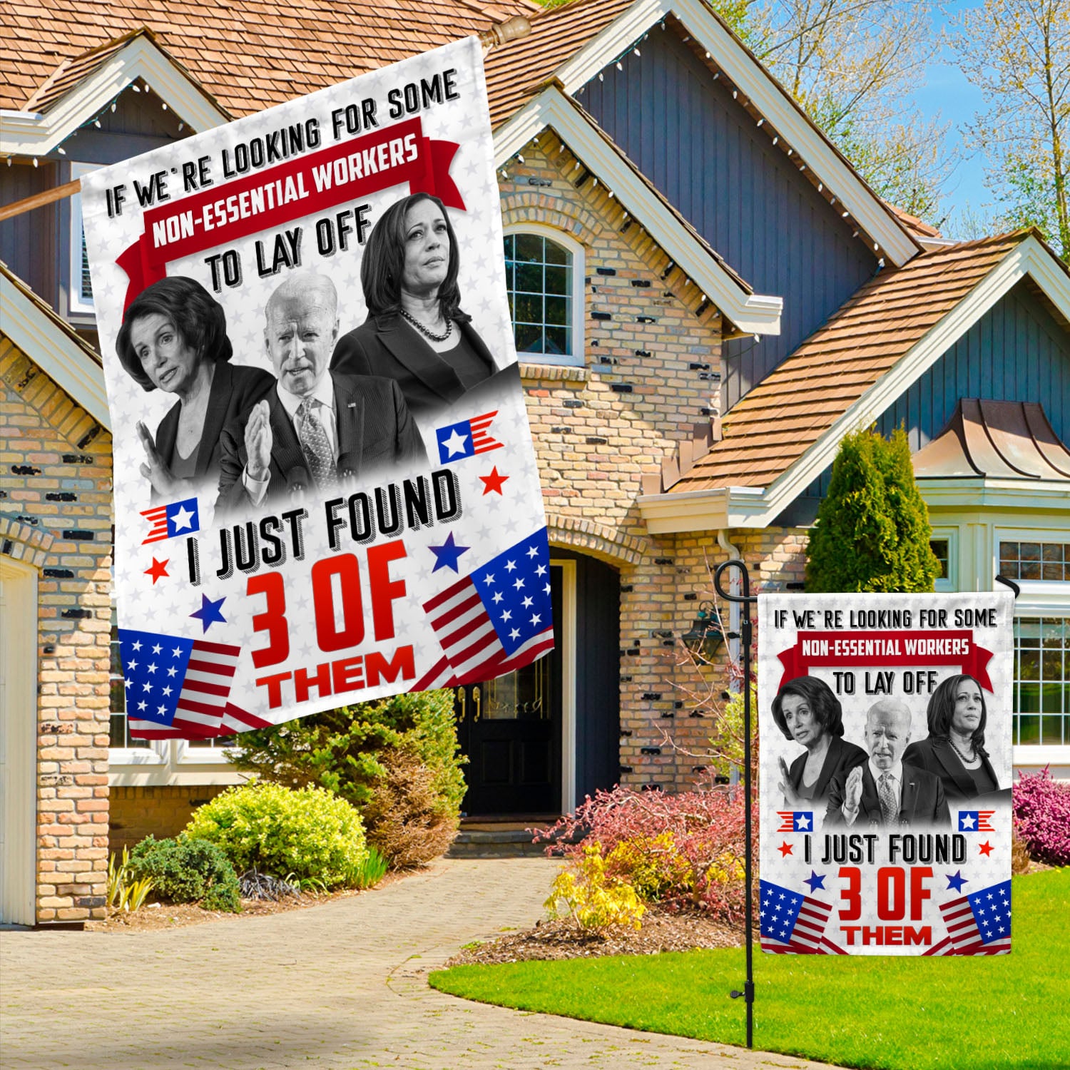 1VT. We're Looking For Biden Kamla Pelosi Garden & House Mockup 3