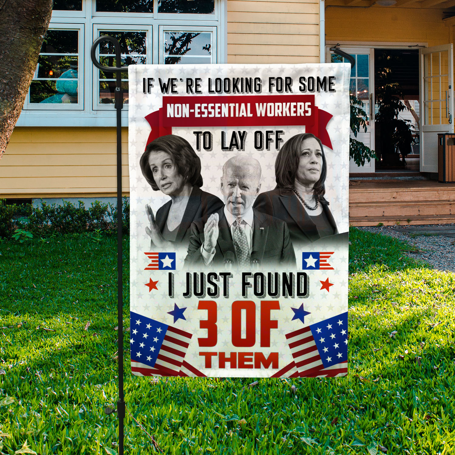 1VT. We're Looking For Biden Kamla Pelosi Garden Flag Mockup 3