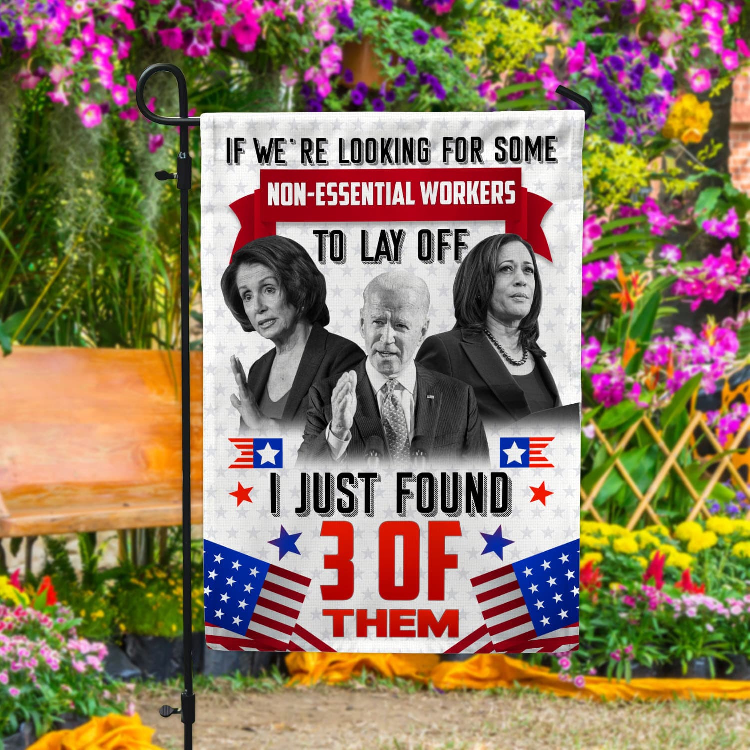 1VT. We're Looking For Biden Kamla Pelosi Garden Flag Mockup 4