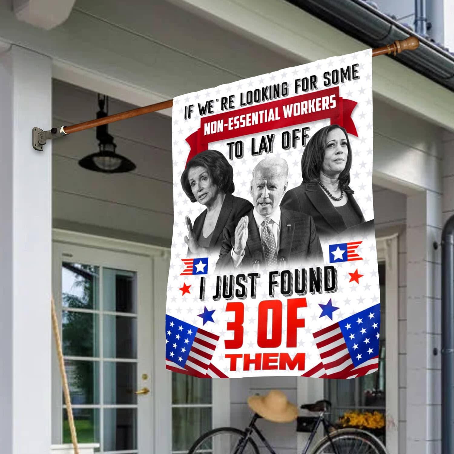 1VT. We're Looking For Biden Kamla Pelosi House Flag Mockup 1