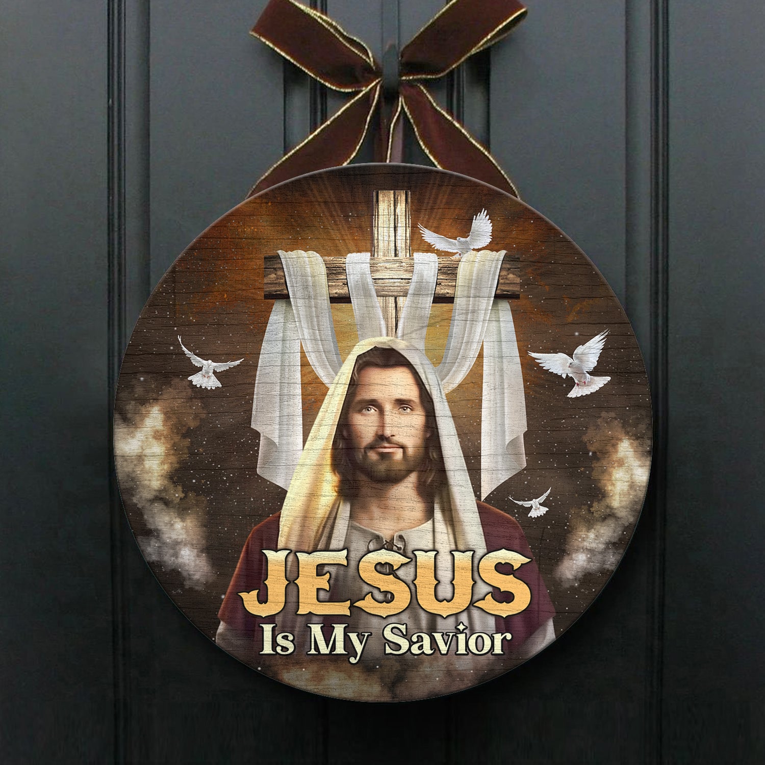 Alternative view of Jesus Is My Savior Cross Wooden Door Sign Hanger - Jesus Christ Door Sign - Religious Christian Circle Door Sign