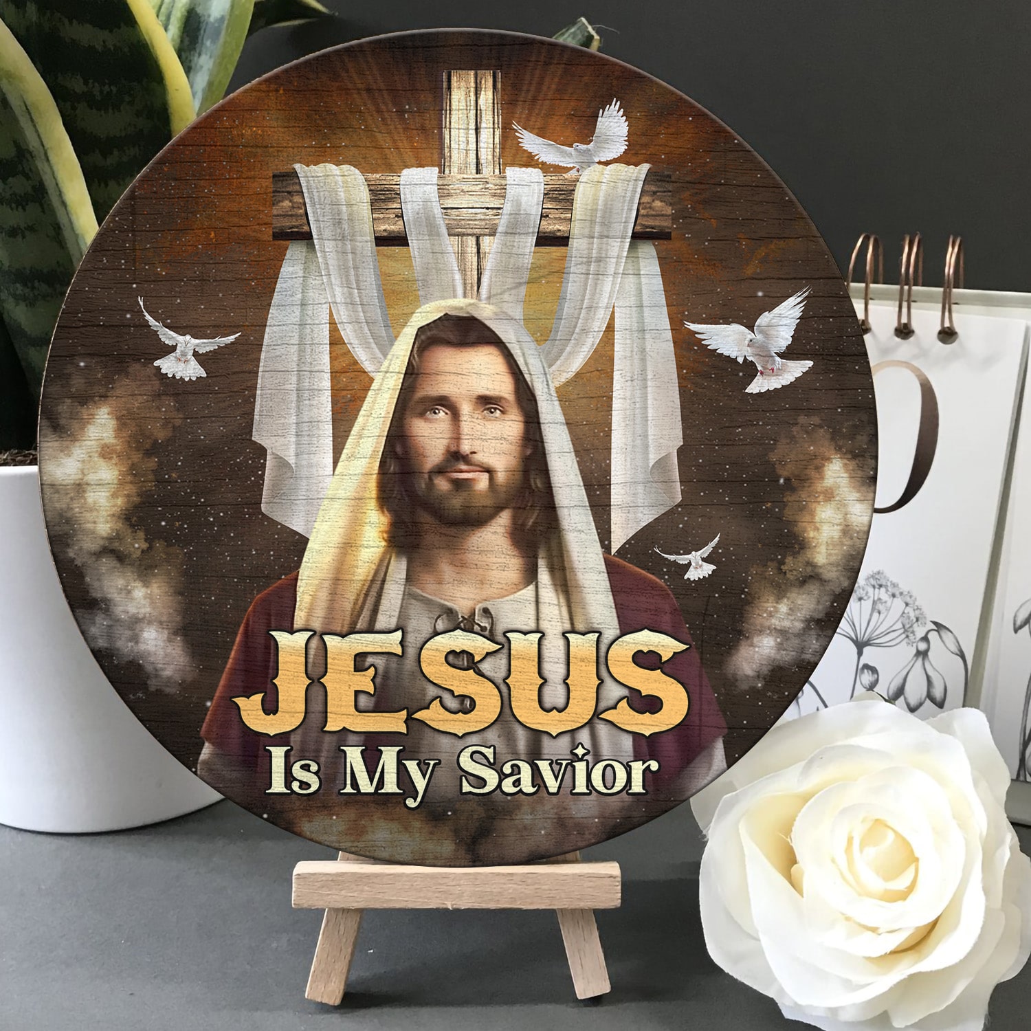 Jesus Is My Savior Cross Wooden Door Sign Hanger - Jesus Christ Door Sign - Religious Christian Circle Door Sign