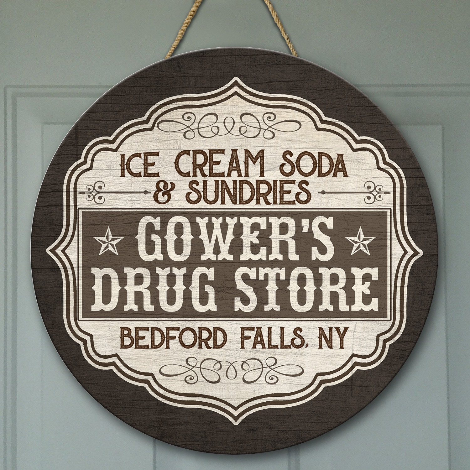 Ice Cream Soda and Sundries Decorative Circle Wooden Door Sign - Front Porch Sign