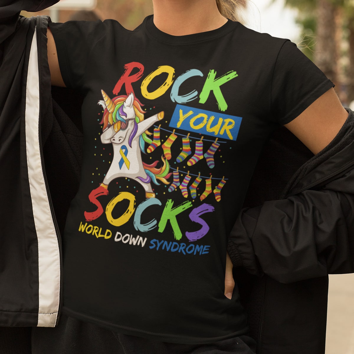 Alternative view of Rock Your Sock Down Syndrome Awareness Funny Unicorn Dabbing T-Shirt