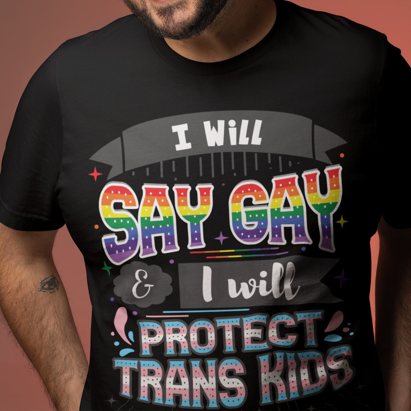 Alternative view of I Will Say Gay and I Will Protect Trans Kids T-Shirt - V-Neck Shirt