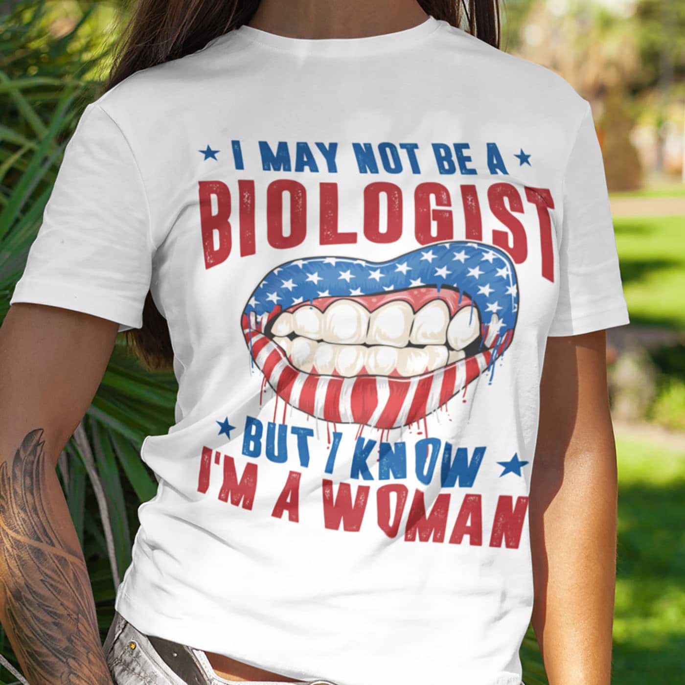 Alternative view of I May Not Be A Biologist But I Know I'm A Woman Sexy Lips American Flag T-Shirt - V-Neck Shirt