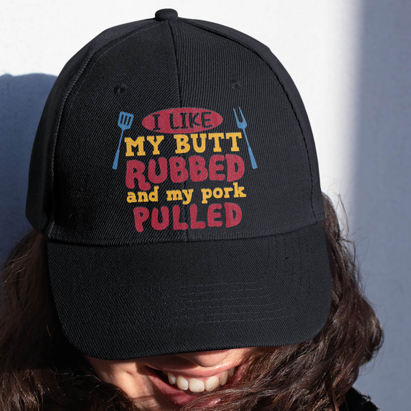 Alternative view of BBQ I Like My Butt Rubbed and My Pork Pulled Twill Cap - High-Profile Snapback Hat