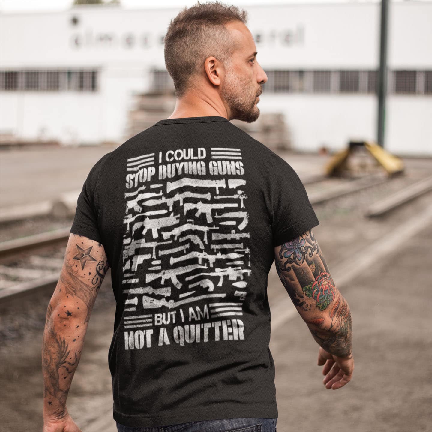Alternative view of I Could Stop Buying Guns But I Am Not A Quitter Funny Print On Back T-Shirt Only - Gun Lover Plain Front Shirt