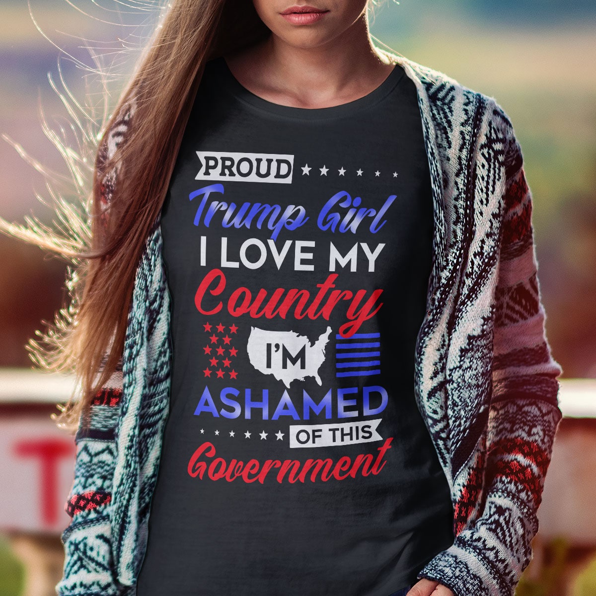 Alternative view of Proud Trump Girl I Love My Country I'm Ashamed Of This Government T-Shirt - V-Neck Shirt