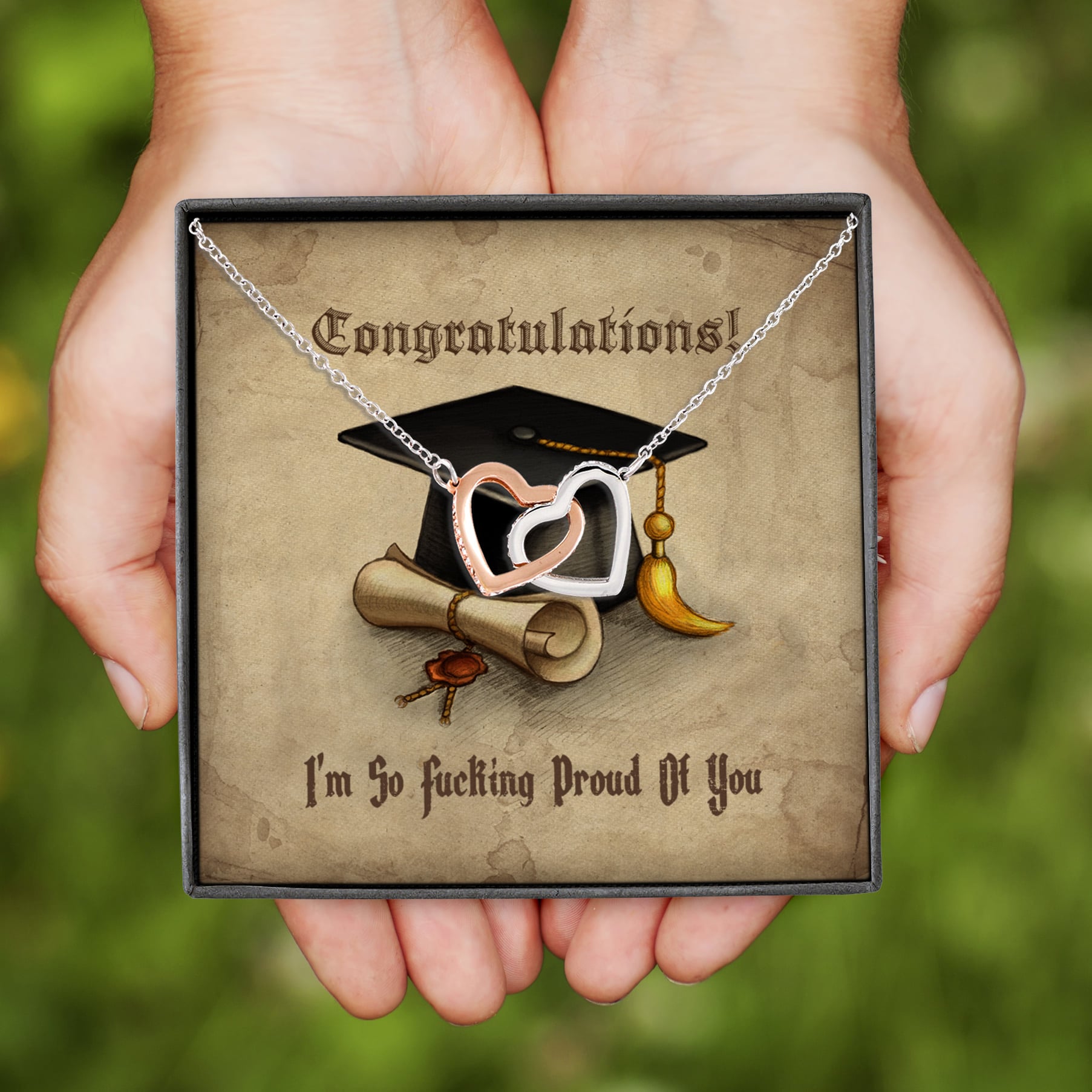 Alternative view of Congratulations I'm So Fucking Proud Of You Interlocking Hearts Pendant Necklace