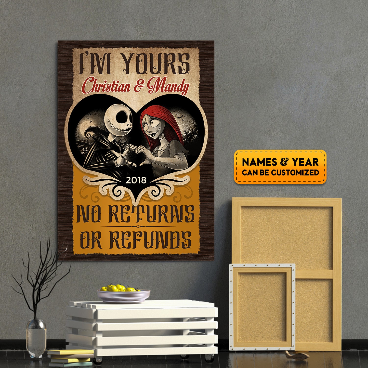 Alternative view of Personalized I'm Yours No Returns or Refund Jack and Sally Nightmare Canvas Poster - Customized Couple Nightmare Wall Art Decor