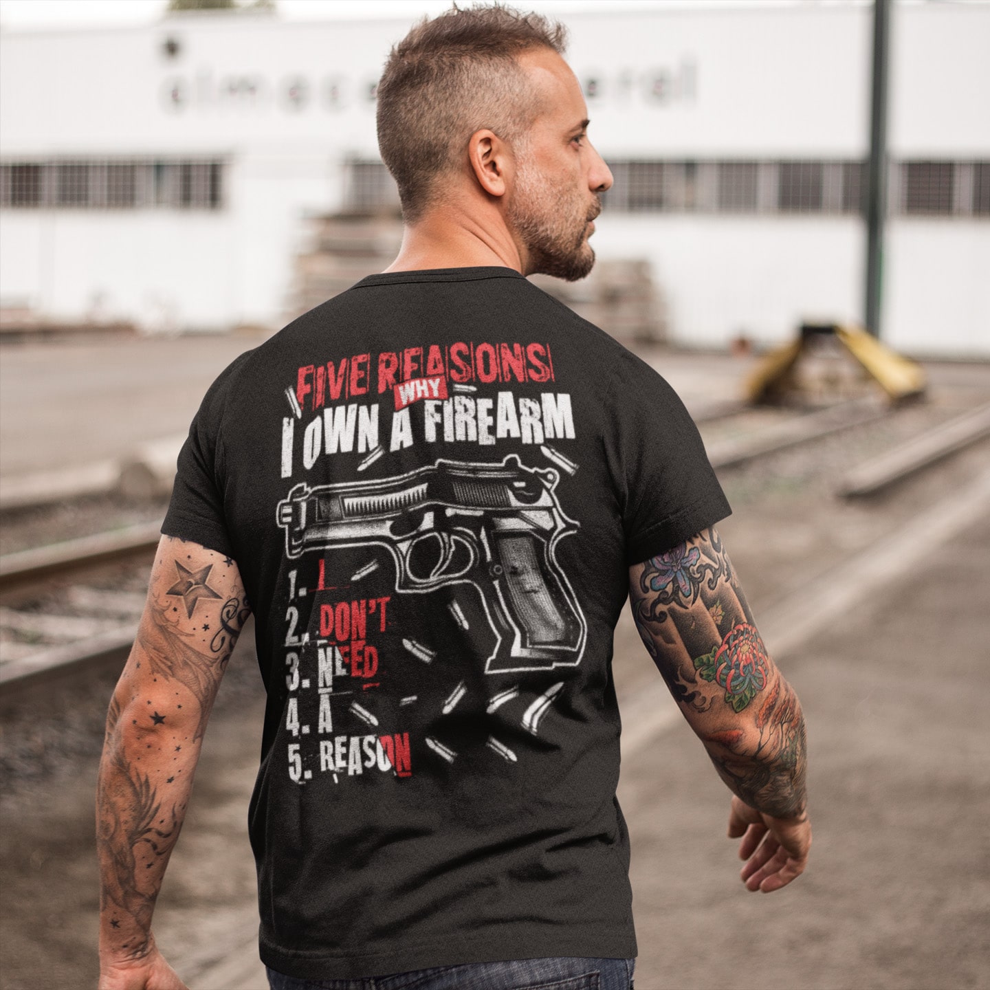 Alternative view of Five Reasons Why I Own A Firearm I Don't Need A Reason Funny Gun Print On Back T-Shirt Only - Plain Front Shirt