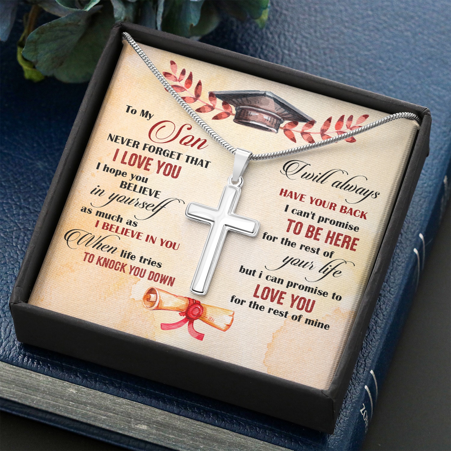 To My Son Never Forget That I Love You Graduation Gift Cross Pendant Necklace For Your Son