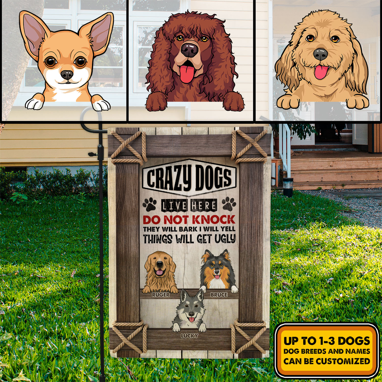 Alternative view of Personalized Dog Breeds Crazy Dogs Live Here Do Not Knock They Will Bark Outdoor House Flag - Home Garden Flag
