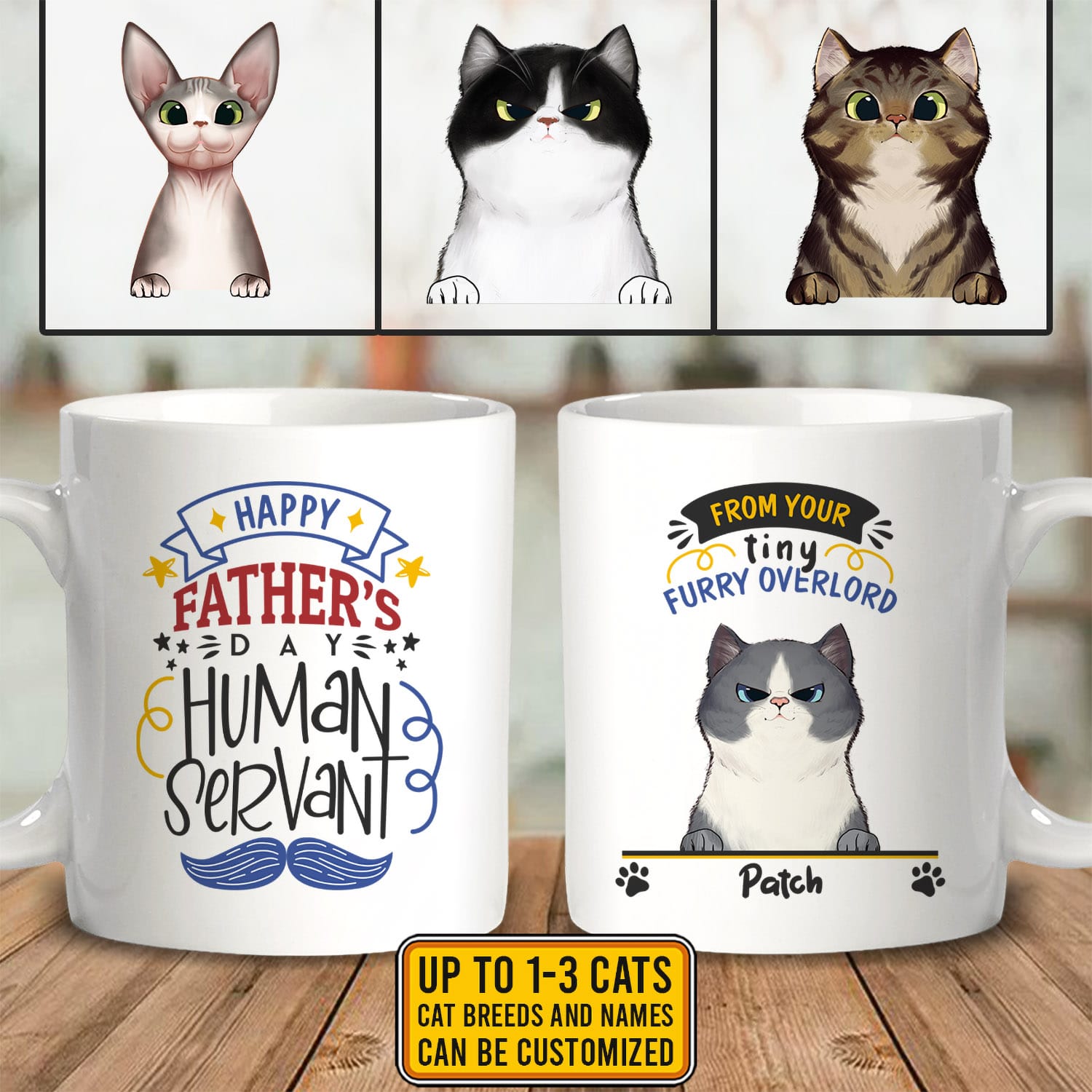 Alternative view of Custom Cat Breeds Happy Father's Day Human Servant From Your Tiny Furry Overlord 2 Sides Ceramic Coffee Mug