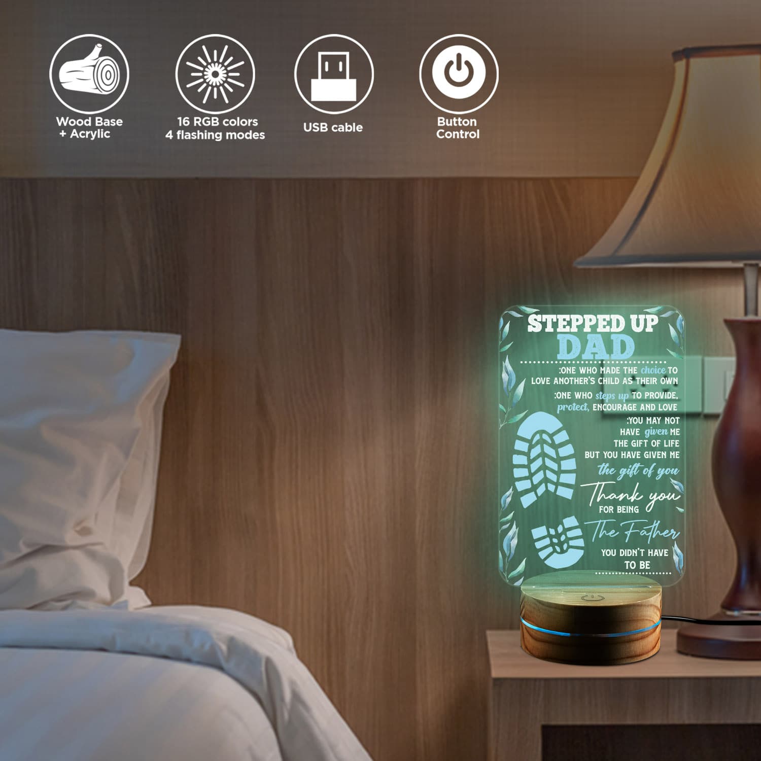 Alternative view of Stepped Up Dad Night Light. Happy Father's Day Gifts. Best Gift for Step Dad, Meaningful Family Quote - Stepdad Birthday Gift Led Light