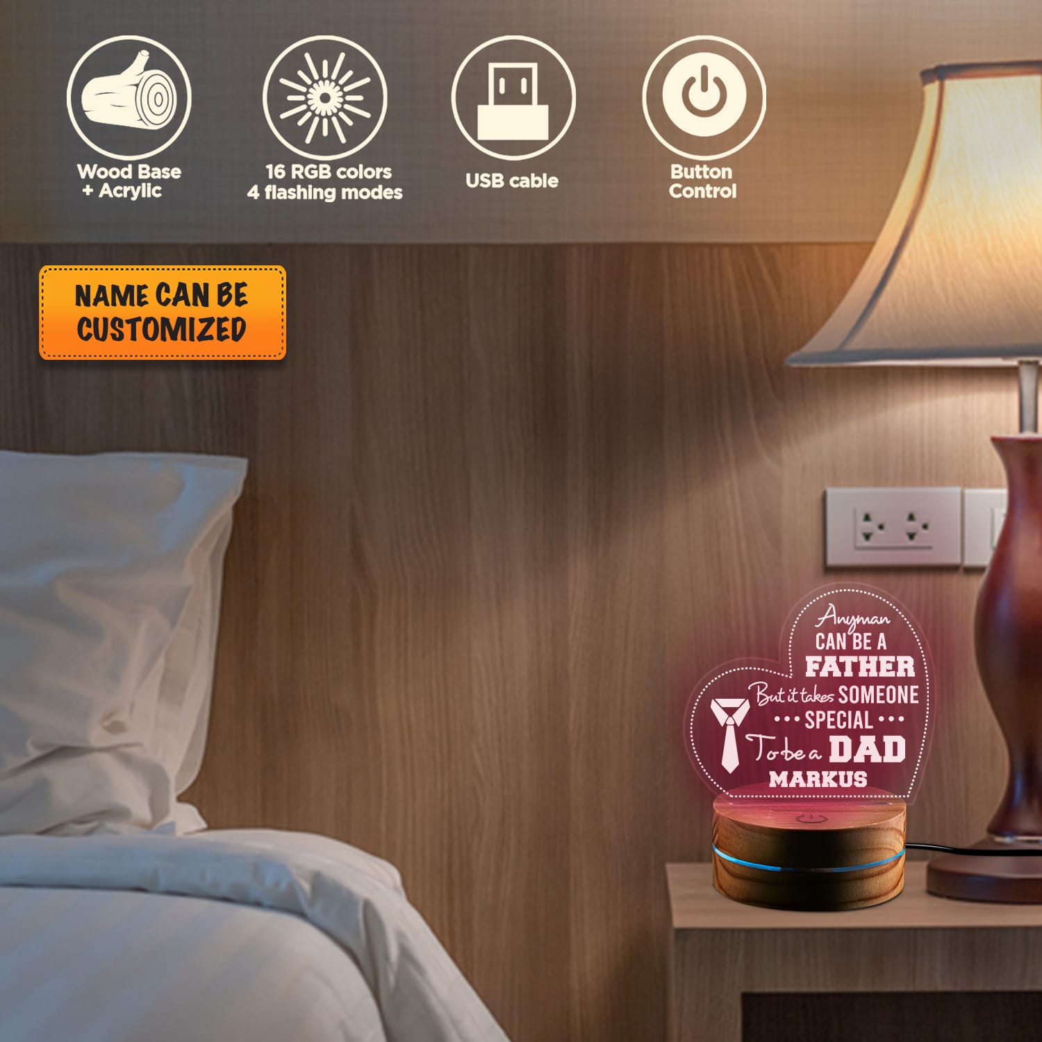 Alternative view of Personalized Fathers Day Gifts Any Man Can Be A Father But It Takes Someone Special To Be A Dad Led Night Light Multi Color - Bedroom Decor